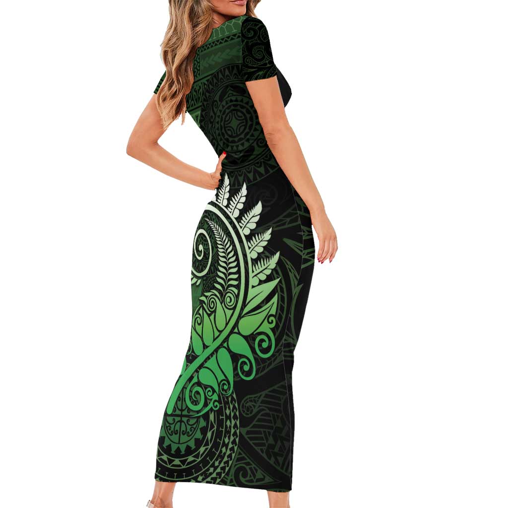 New Zealand Maori Koru Fern Short Sleeve Bodycon Dress Spiral Polynesian Style Green LT05 - Polynesian Pride