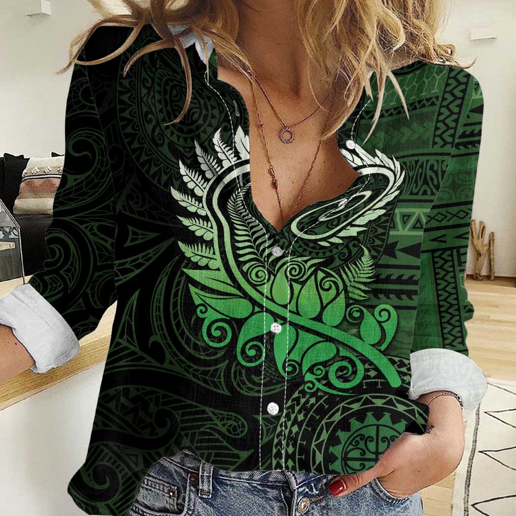 New Zealand Maori Koru Fern Women Casual Shirt Spiral Polynesian Style Green LT05 Female Green - Polynesian Pride