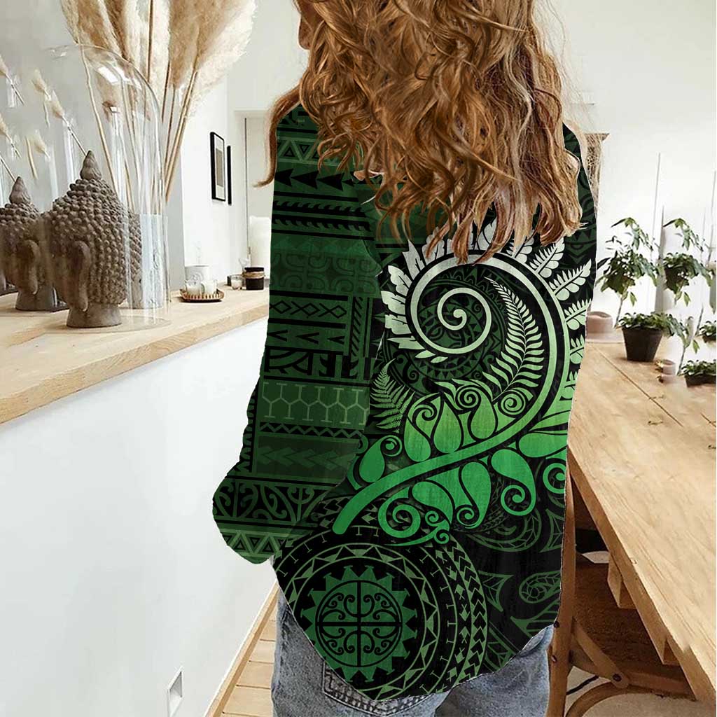 New Zealand Maori Koru Fern Women Casual Shirt Spiral Polynesian Style Green LT05 - Polynesian Pride