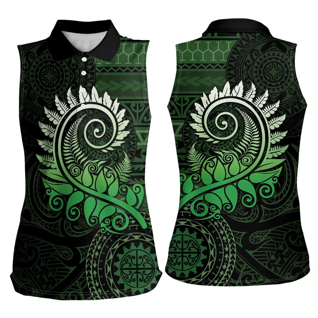 New Zealand Maori Koru Fern Women Sleeveless Polo Shirt Spiral Polynesian Style Green