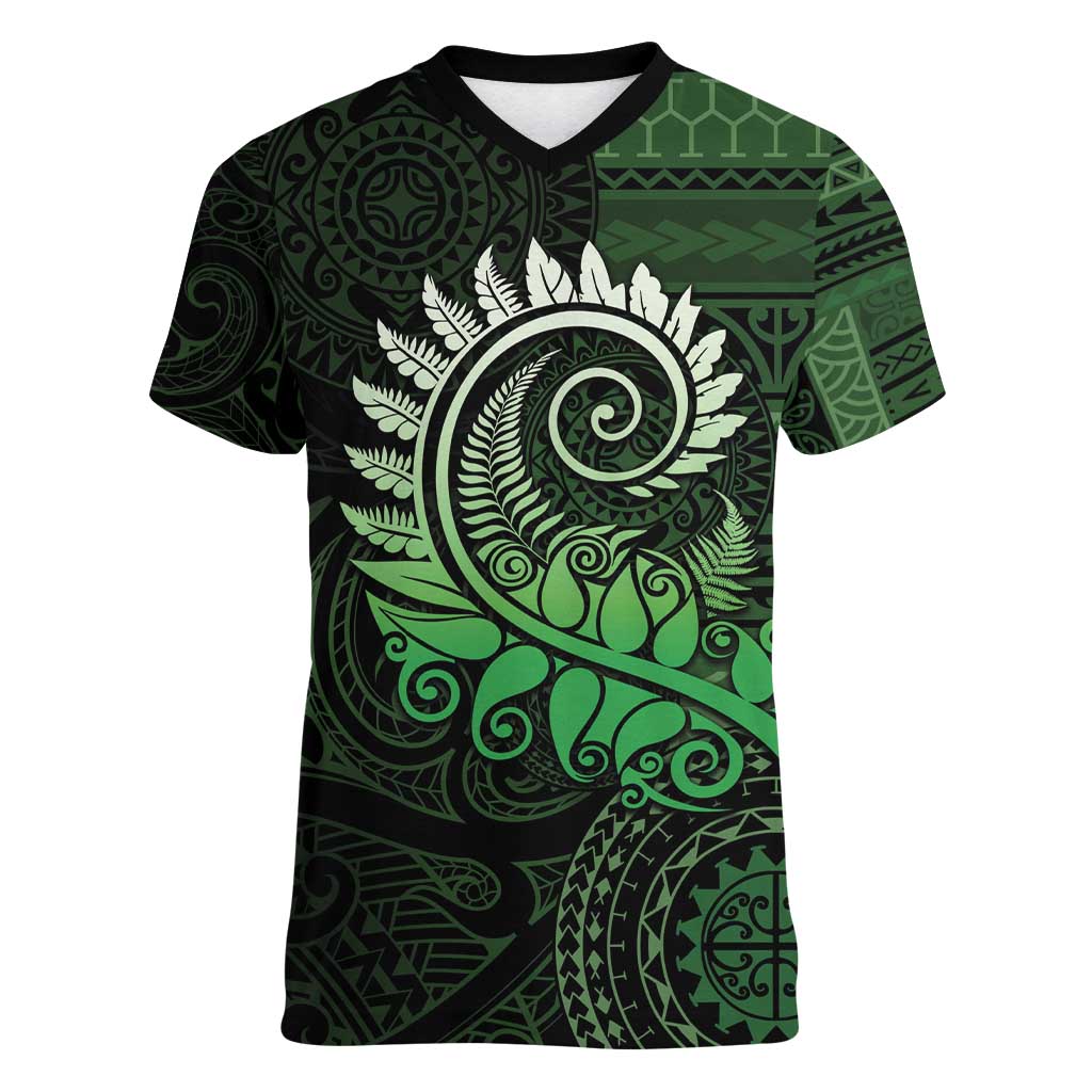 New Zealand Maori Koru Fern Women V-Neck T-Shirt Spiral Polynesian Style Green