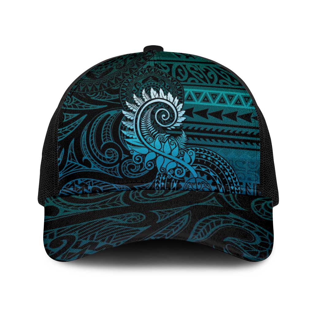 New Zealand Maori Koru Fern Baseball Net Cap Spiral Polynesian Style Aqua Gradient LT05 One Size Black Aqua - Polynesian Pride
