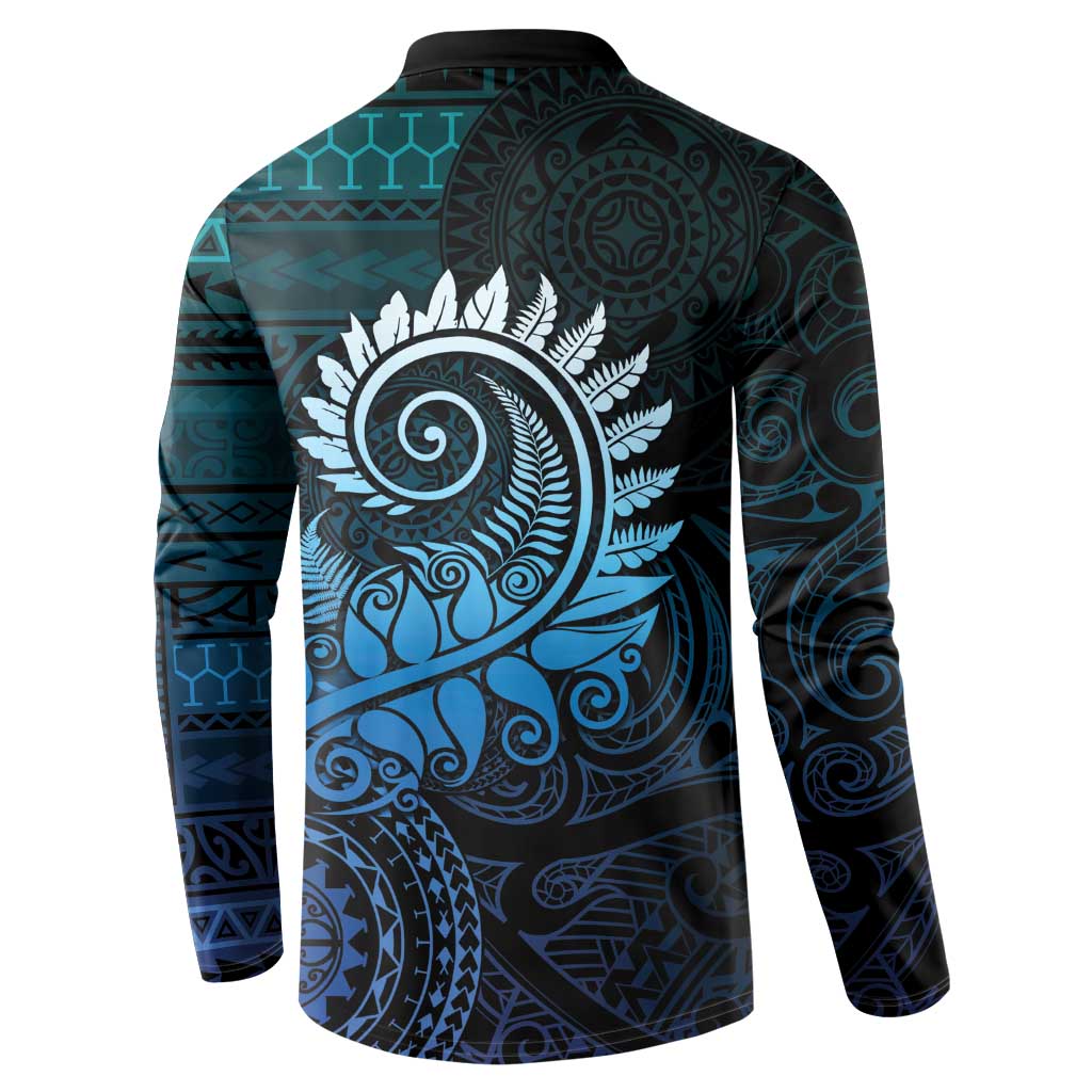 New Zealand Maori Koru Fern Button Sweatshirt Spiral Polynesian Style Aqua Gradient