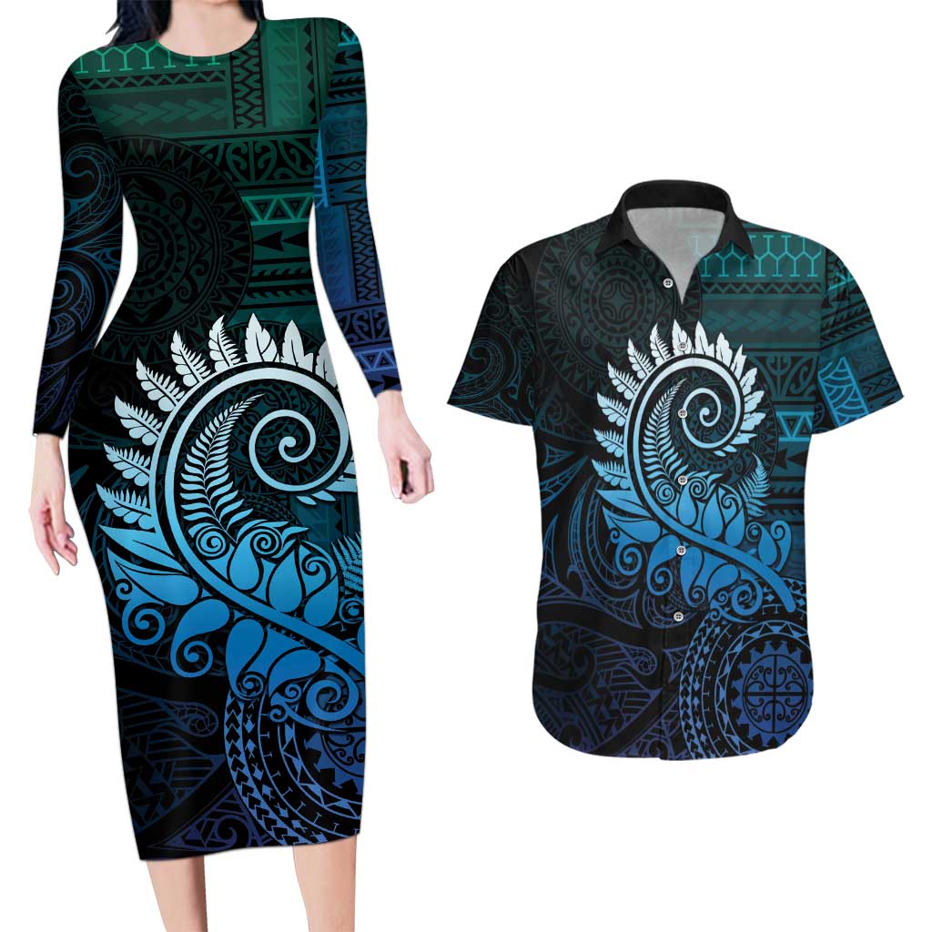 New Zealand Maori Koru Fern Couples Matching Long Sleeve Bodycon Dress and Hawaiian Shirt Spiral Polynesian Style Aqua Gradient LT05 Aqua - Polynesian Pride