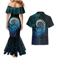 New Zealand Maori Koru Fern Couples Matching Mermaid Dress and Hawaiian Shirt Spiral Polynesian Style Aqua Gradient LT05 - Polynesian Pride