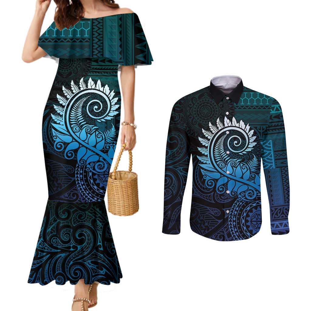 New Zealand Maori Koru Fern Couples Matching Mermaid Dress and Long Sleeve Button Shirt Spiral Polynesian Style Aqua Gradient LT05 Aqua - Polynesian Pride
