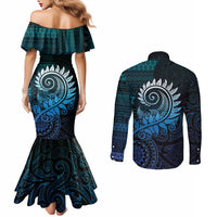 New Zealand Maori Koru Fern Couples Matching Mermaid Dress and Long Sleeve Button Shirt Spiral Polynesian Style Aqua Gradient LT05 - Polynesian Pride