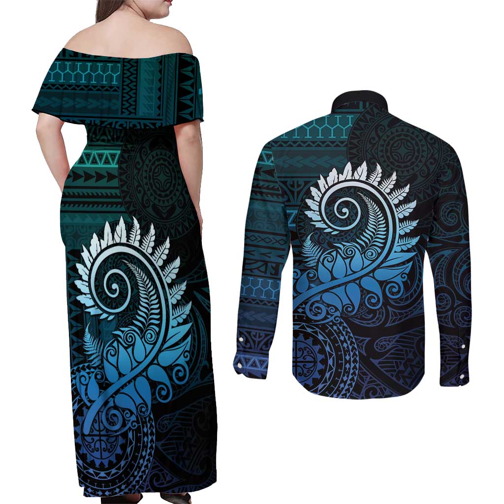 New Zealand Maori Koru Fern Couples Matching Off Shoulder Maxi Dress and Long Sleeve Button Shirt Spiral Polynesian Style Aqua Gradient LT05 - Polynesian Pride