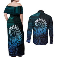New Zealand Maori Koru Fern Couples Matching Off Shoulder Maxi Dress and Long Sleeve Button Shirt Spiral Polynesian Style Aqua Gradient LT05 - Polynesian Pride