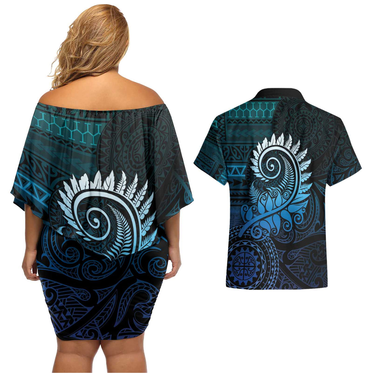 New Zealand Maori Koru Fern Couples Matching Off Shoulder Short Dress and Hawaiian Shirt Spiral Polynesian Style Aqua Gradient LT05 - Polynesian Pride