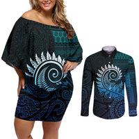 New Zealand Maori Koru Fern Couples Matching Off Shoulder Short Dress and Long Sleeve Button Shirt Spiral Polynesian Style Aqua Gradient LT05 Aqua - Polynesian Pride