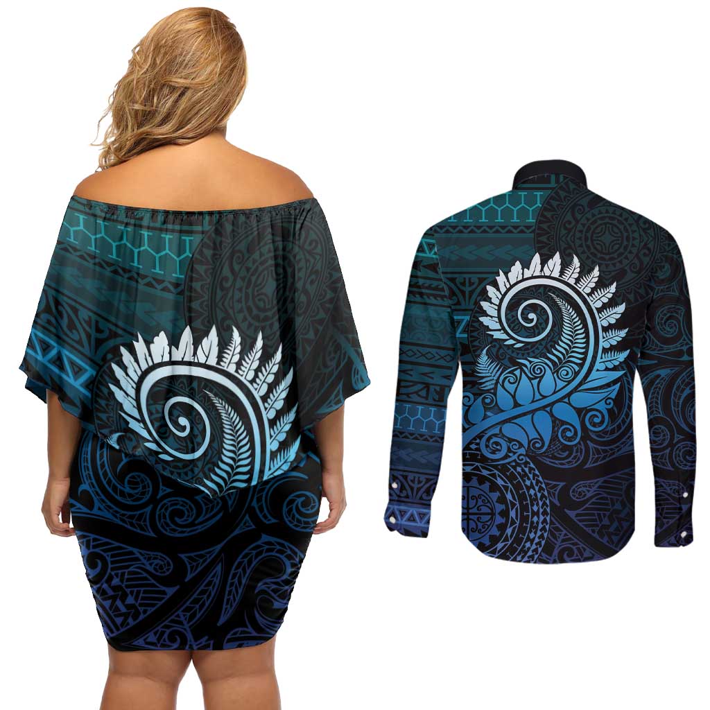 New Zealand Maori Koru Fern Couples Matching Off Shoulder Short Dress and Long Sleeve Button Shirt Spiral Polynesian Style Aqua Gradient LT05 - Polynesian Pride
