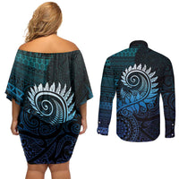 New Zealand Maori Koru Fern Couples Matching Off Shoulder Short Dress and Long Sleeve Button Shirt Spiral Polynesian Style Aqua Gradient LT05 - Polynesian Pride