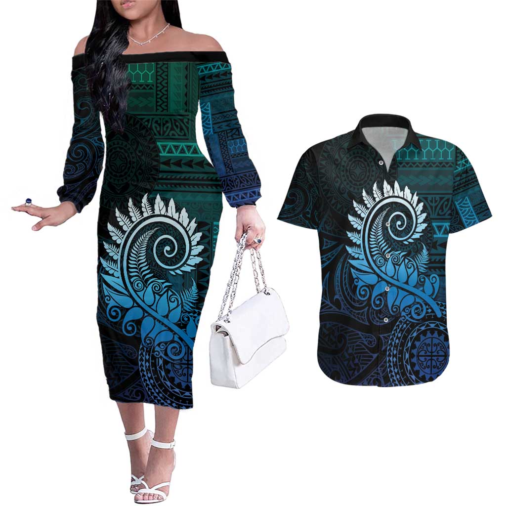 New Zealand Maori Koru Fern Couples Matching Off The Shoulder Long Sleeve Dress and Hawaiian Shirt Spiral Polynesian Style Aqua Gradient LT05 Aqua - Polynesian Pride