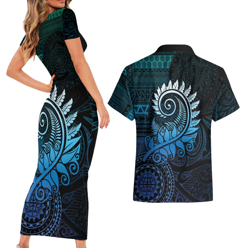 New Zealand Maori Koru Fern Couples Matching Short Sleeve Bodycon Dress and Hawaiian Shirt Spiral Polynesian Style Aqua Gradient LT05 - Polynesian Pride