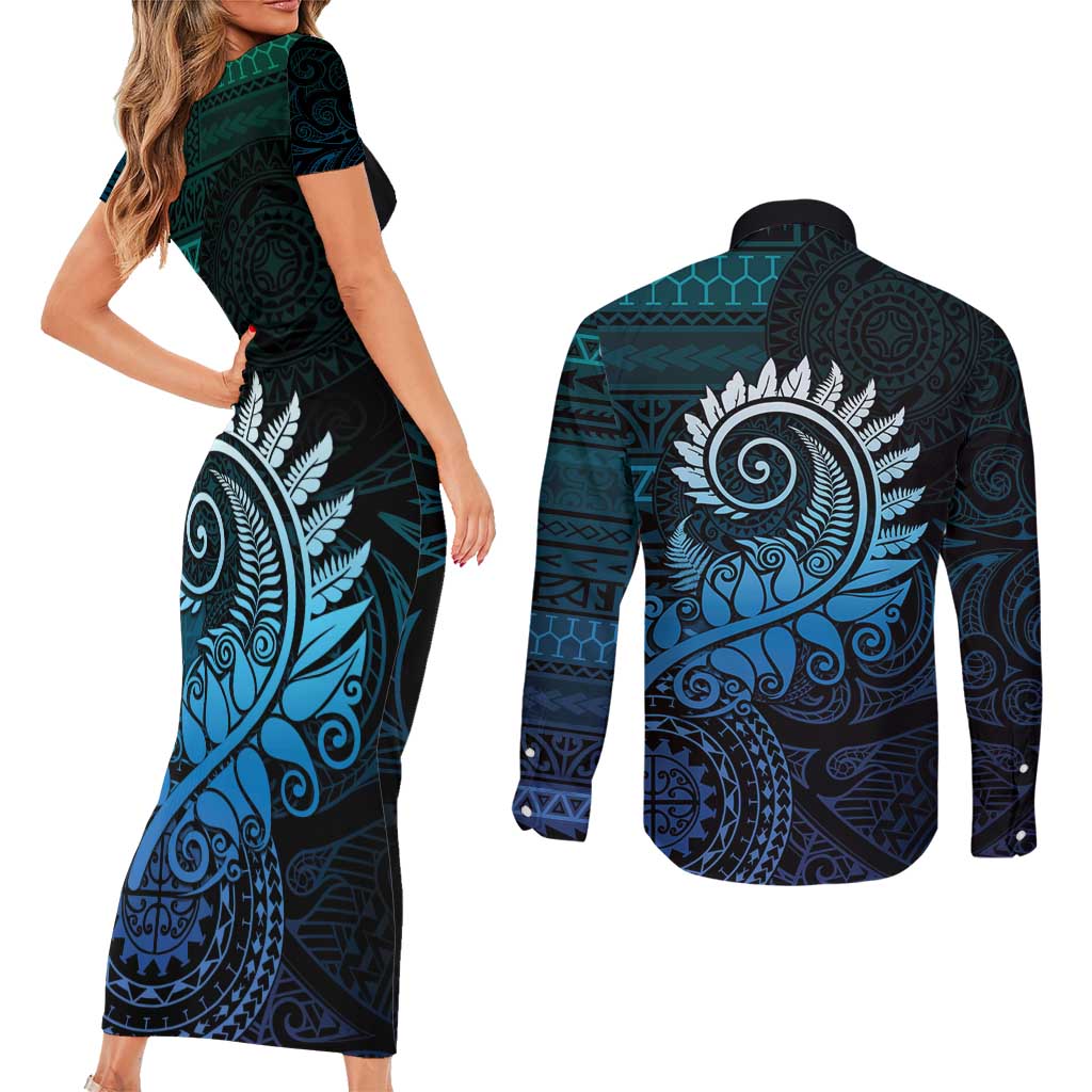 New Zealand Maori Koru Fern Couples Matching Short Sleeve Bodycon Dress and Long Sleeve Button Shirt Spiral Polynesian Style Aqua Gradient LT05 - Polynesian Pride