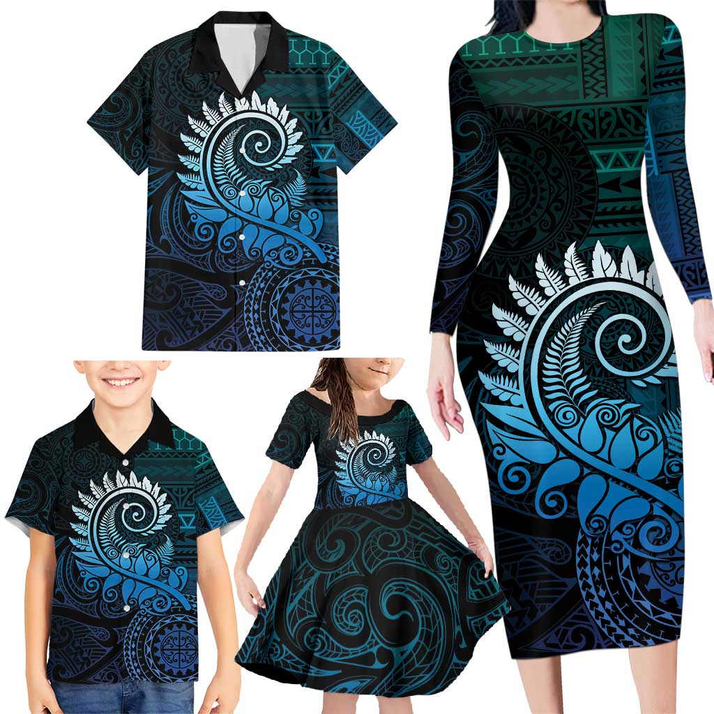 New Zealand Maori Koru Fern Family Matching Long Sleeve Bodycon Dress and Hawaiian Shirt Spiral Polynesian Style Aqua Gradient LT05 - Polynesian Pride