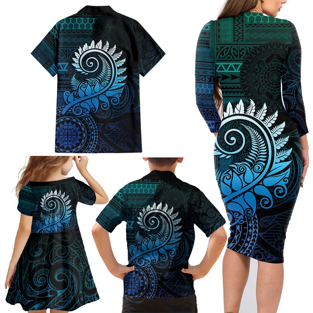 New Zealand Maori Koru Fern Family Matching Long Sleeve Bodycon Dress and Hawaiian Shirt Spiral Polynesian Style Aqua Gradient LT05 - Polynesian Pride