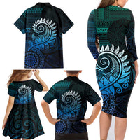 New Zealand Maori Koru Fern Family Matching Long Sleeve Bodycon Dress and Hawaiian Shirt Spiral Polynesian Style Aqua Gradient LT05 - Polynesian Pride