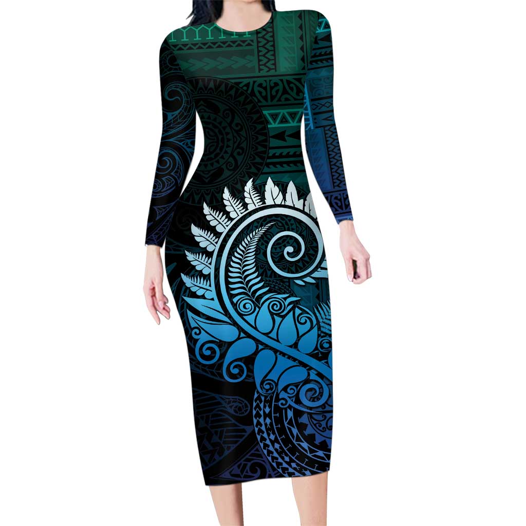 New Zealand Maori Koru Fern Family Matching Long Sleeve Bodycon Dress and Hawaiian Shirt Spiral Polynesian Style Aqua Gradient LT05 Mom's Dress Aqua - Polynesian Pride
