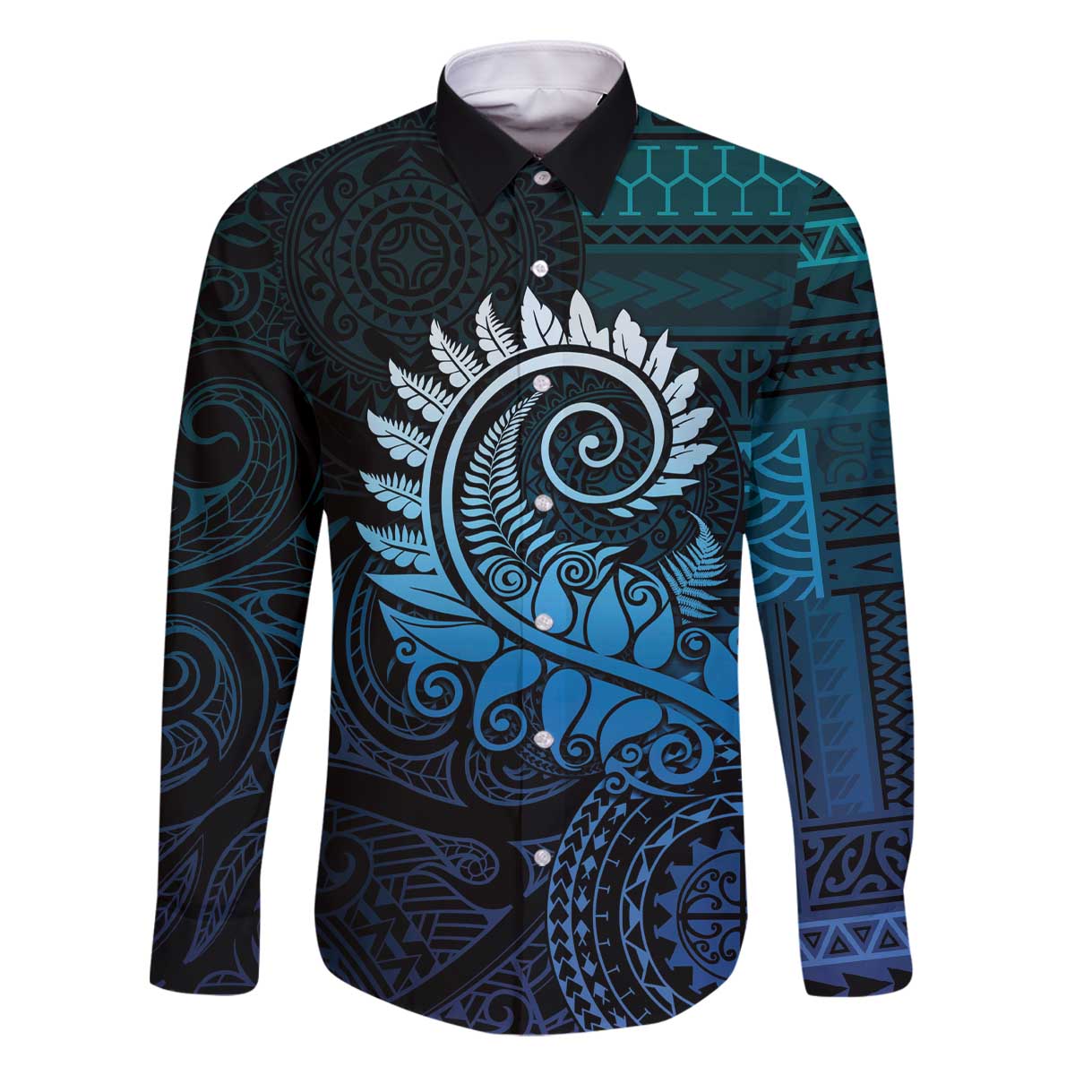 New Zealand Maori Koru Fern Family Matching Off The Shoulder Long Sleeve Dress and Hawaiian Shirt Spiral Polynesian Style Aqua Gradient LT05 Dad's Shirt - Long Sleeve Aqua - Polynesian Pride
