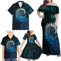 New Zealand Maori Koru Fern Family Matching Off Shoulder Maxi Dress and Hawaiian Shirt Spiral Polynesian Style Aqua Gradient LT05 - Polynesian Pride