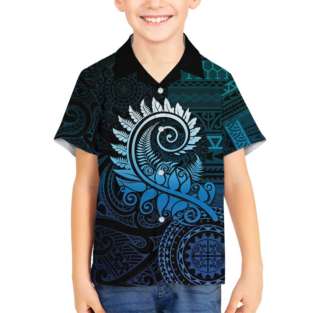 New Zealand Maori Koru Fern Family Matching Off Shoulder Maxi Dress and Hawaiian Shirt Spiral Polynesian Style Aqua Gradient LT05 Son's Shirt Aqua - Polynesian Pride