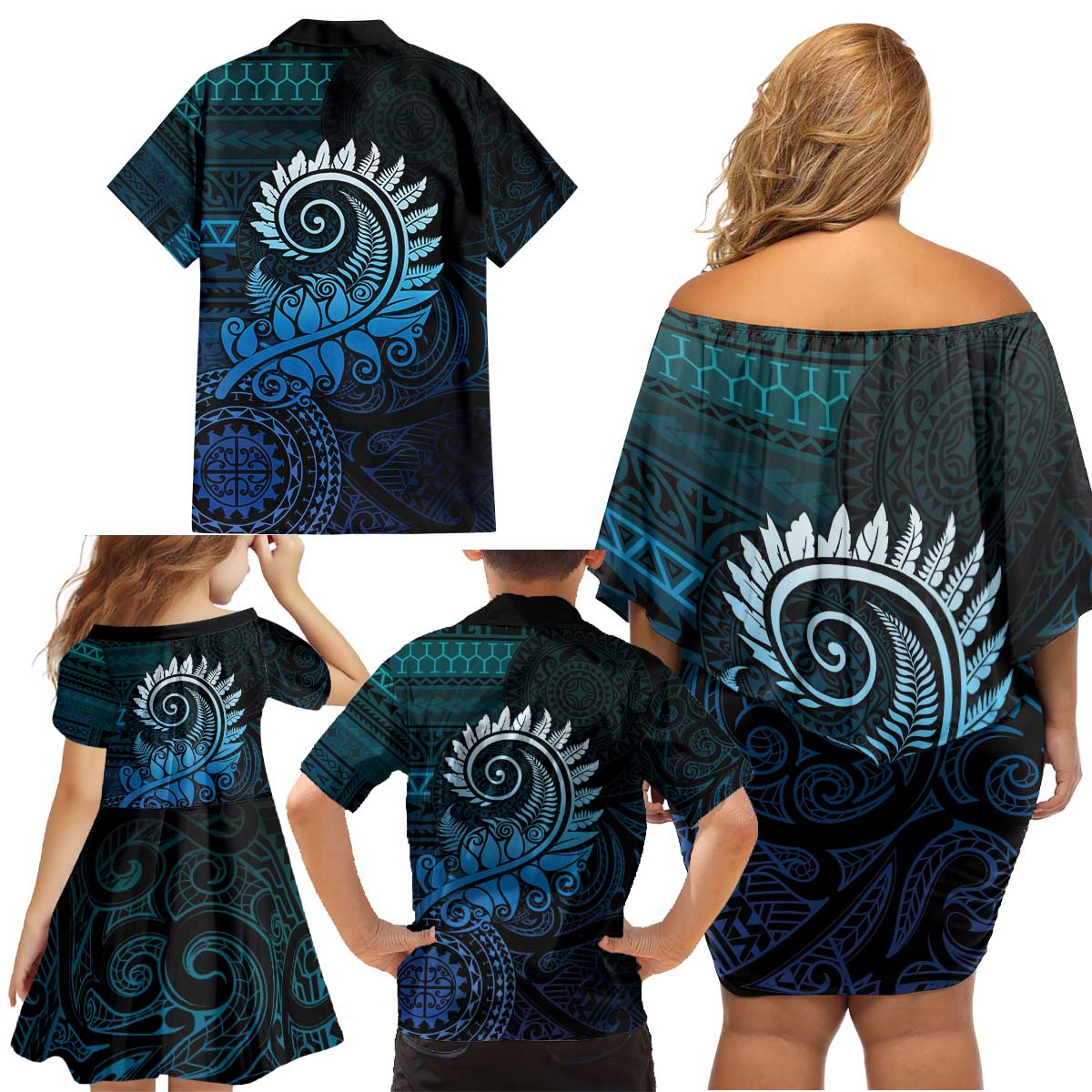 New Zealand Maori Koru Fern Family Matching Off Shoulder Short Dress and Hawaiian Shirt Spiral Polynesian Style Aqua Gradient LT05 - Polynesian Pride