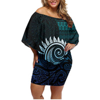 New Zealand Maori Koru Fern Family Matching Off Shoulder Short Dress and Hawaiian Shirt Spiral Polynesian Style Aqua Gradient LT05 Mom's Dress Aqua - Polynesian Pride