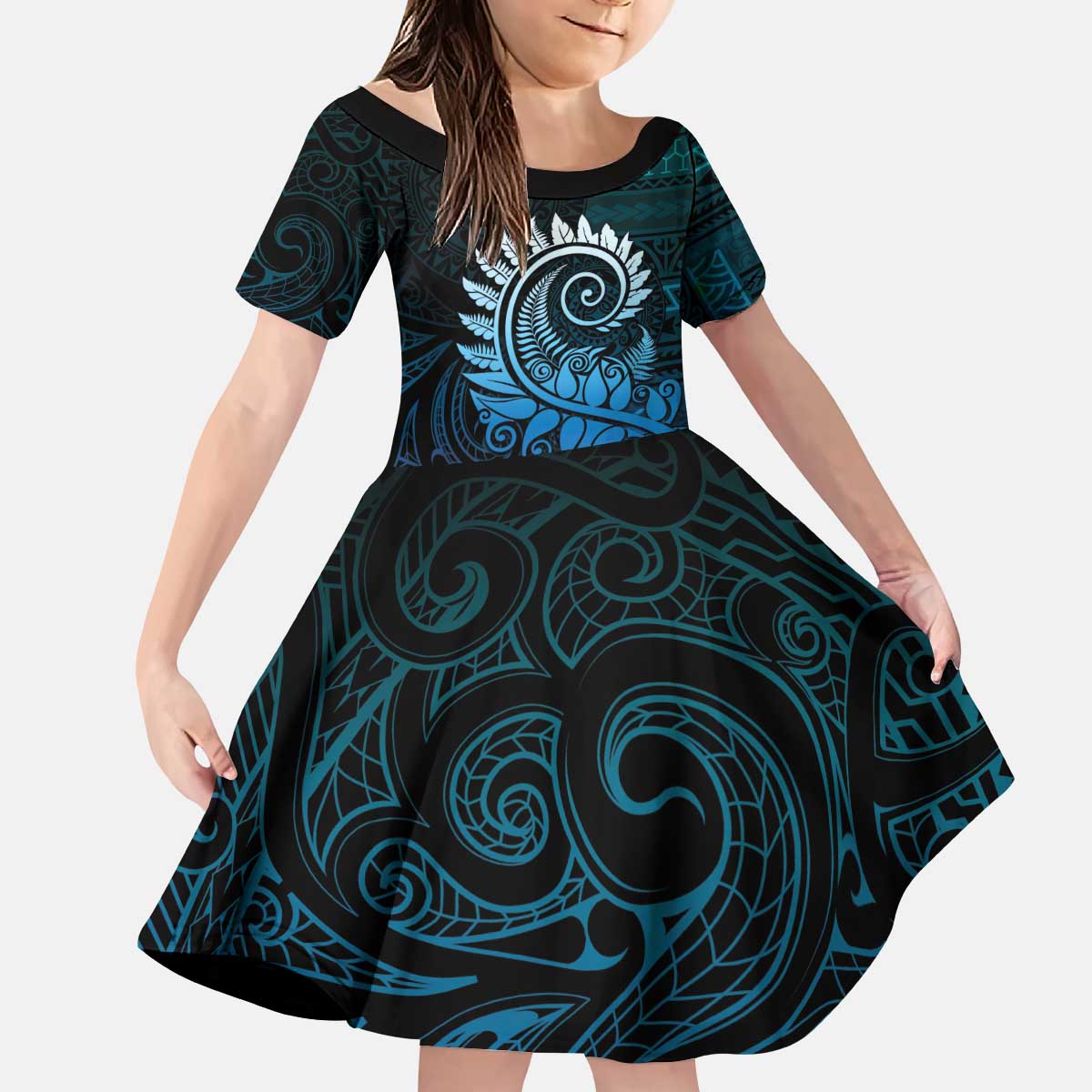 New Zealand Maori Koru Fern Family Matching Puletasi and Hawaiian Shirt Spiral Polynesian Style Aqua Gradient LT05 Daughter's Dress Aqua - Polynesian Pride