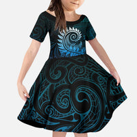 New Zealand Maori Koru Fern Family Matching Puletasi and Hawaiian Shirt Spiral Polynesian Style Aqua Gradient LT05 Daughter's Dress Aqua - Polynesian Pride