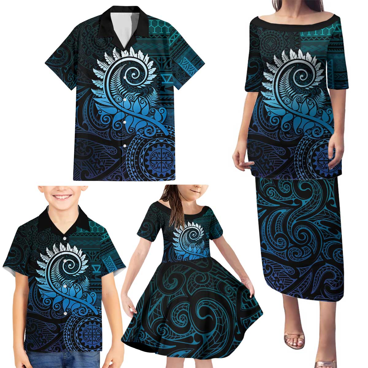 New Zealand Maori Koru Fern Family Matching Puletasi and Hawaiian Shirt Spiral Polynesian Style Aqua Gradient LT05 - Polynesian Pride