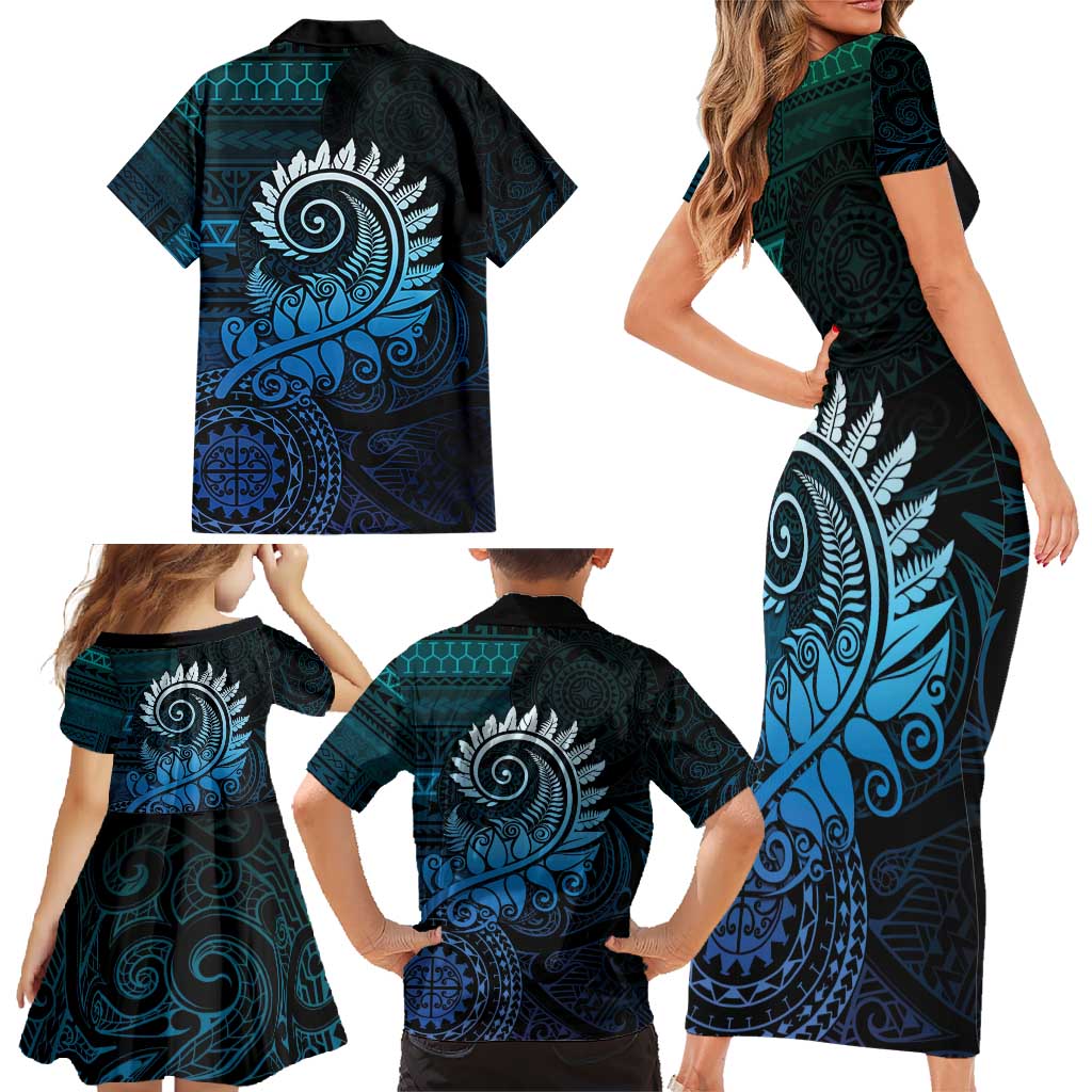 New Zealand Maori Koru Fern Family Matching Short Sleeve Bodycon Dress and Hawaiian Shirt Spiral Polynesian Style Aqua Gradient LT05 - Polynesian Pride
