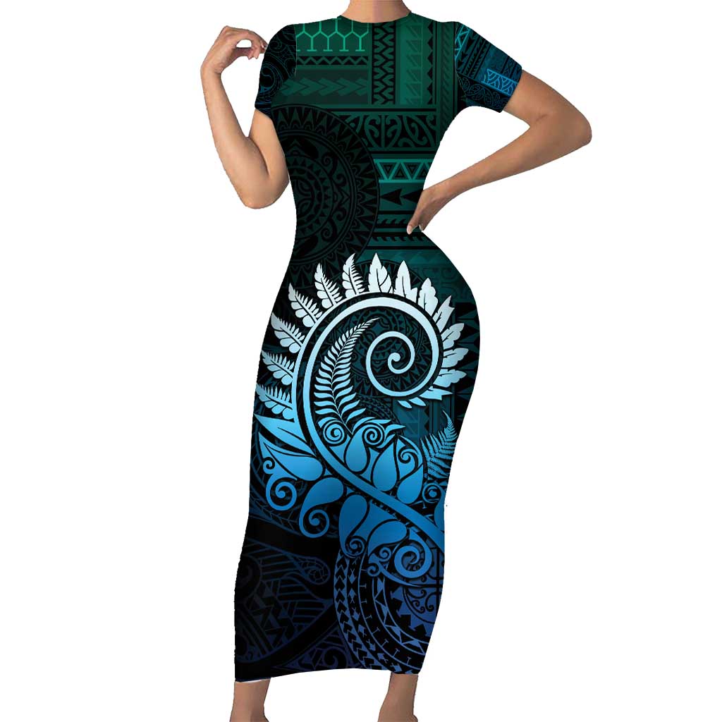 New Zealand Maori Koru Fern Family Matching Short Sleeve Bodycon Dress and Hawaiian Shirt Spiral Polynesian Style Aqua Gradient LT05 Mom's Dress Aqua - Polynesian Pride