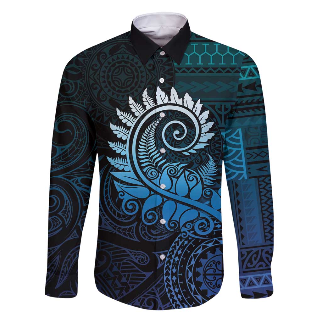 New Zealand Maori Koru Fern Family Matching Summer Maxi Dress and Hawaiian Shirt Spiral Polynesian Style Aqua Gradient LT05 Dad's Shirt - Long Sleeve Aqua - Polynesian Pride
