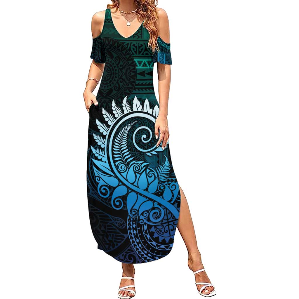 New Zealand Maori Koru Fern Family Matching Summer Maxi Dress and Hawaiian Shirt Spiral Polynesian Style Aqua Gradient LT05 Mom's Dress Aqua - Polynesian Pride