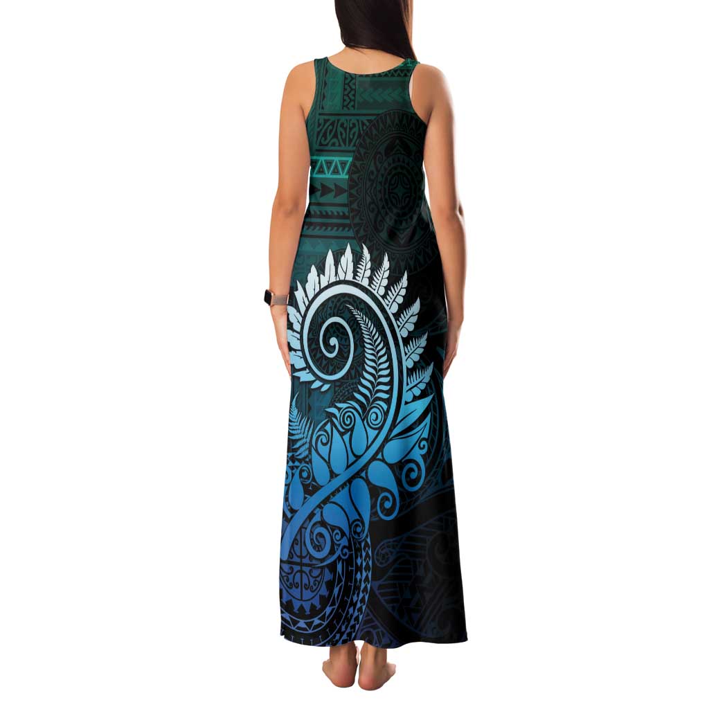 New Zealand Maori Koru Fern Family Matching Tank Maxi Dress and Hawaiian Shirt Spiral Polynesian Style Aqua Gradient LT05 - Polynesian Pride