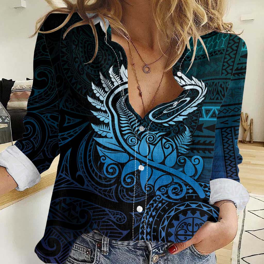 New Zealand Maori Koru Fern Women Casual Shirt Spiral Polynesian Style Aqua Gradient LT05 Female Aqua - Polynesian Pride