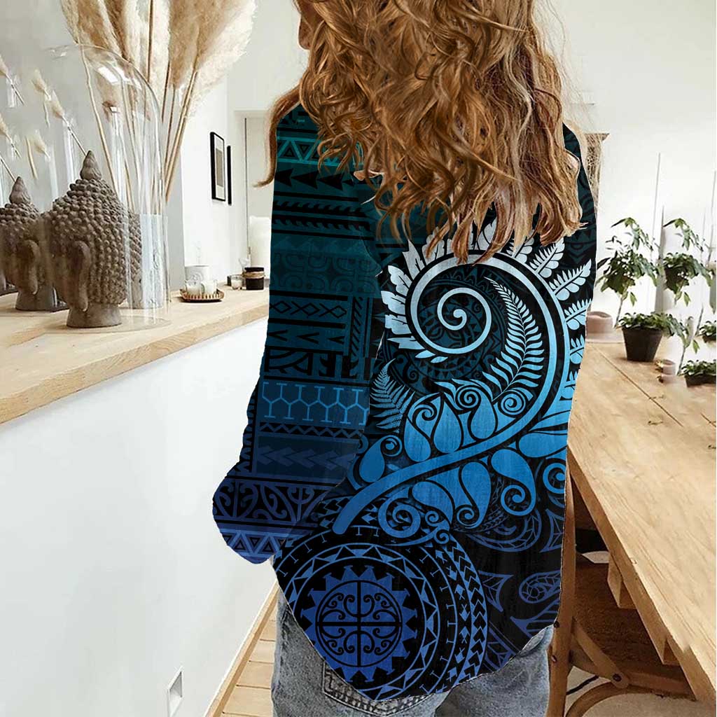 New Zealand Maori Koru Fern Women Casual Shirt Spiral Polynesian Style Aqua Gradient LT05 - Polynesian Pride