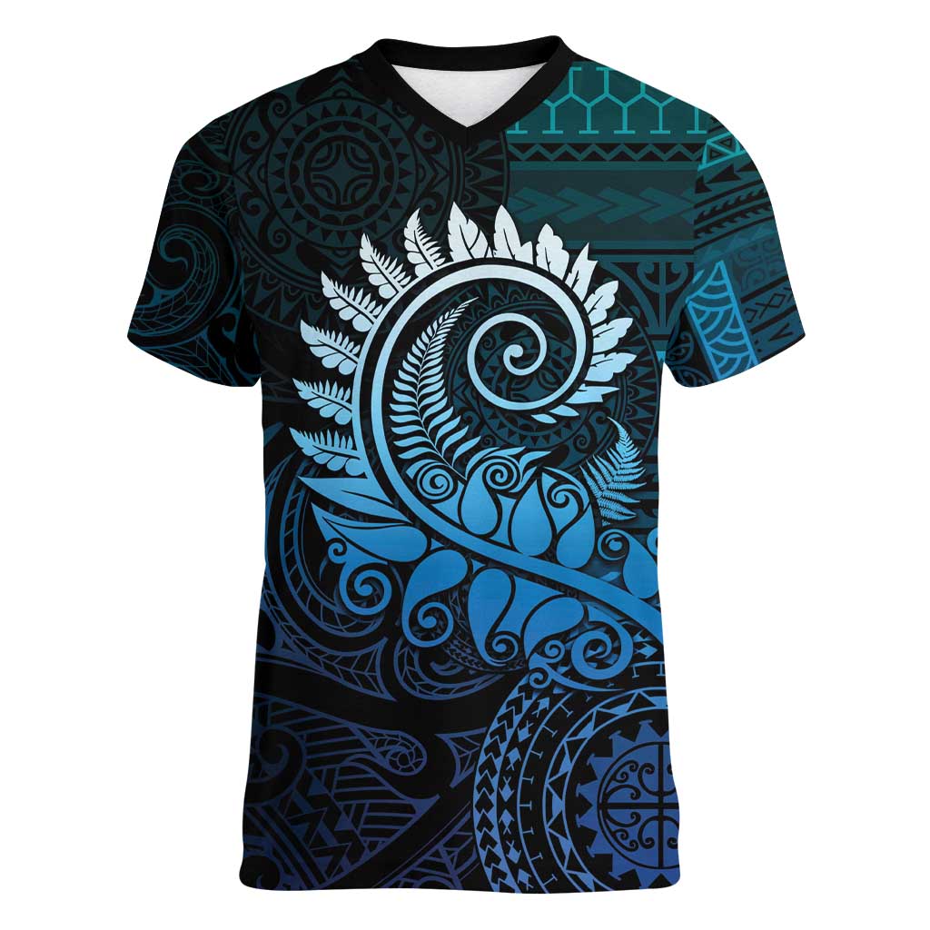 New Zealand Maori Koru Fern Women V-Neck T-Shirt Spiral Polynesian Style Aqua Gradient