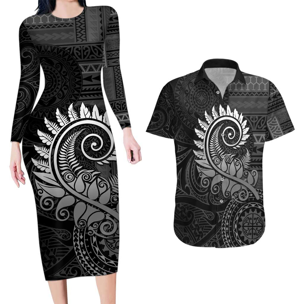 New Zealand Maori Koru Fern Couples Matching Long Sleeve Bodycon Dress and Hawaiian Shirt Spiral Polynesian Style Gray LT05 Gray - Polynesian Pride