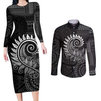 New Zealand Maori Koru Fern Couples Matching Long Sleeve Bodycon Dress and Long Sleeve Button Shirt Spiral Polynesian Style Gray LT05 Gray - Polynesian Pride