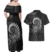 New Zealand Maori Koru Fern Couples Matching Off Shoulder Maxi Dress and Hawaiian Shirt Spiral Polynesian Style Gray LT05 - Polynesian Pride