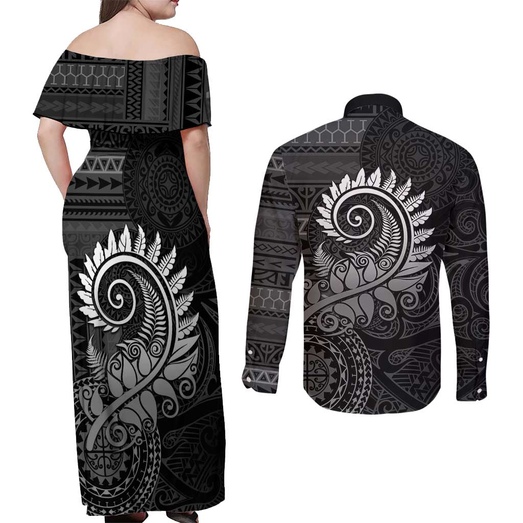 New Zealand Maori Koru Fern Couples Matching Off Shoulder Maxi Dress and Long Sleeve Button Shirt Spiral Polynesian Style Gray LT05 - Polynesian Pride