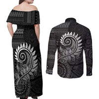 New Zealand Maori Koru Fern Couples Matching Off Shoulder Maxi Dress and Long Sleeve Button Shirt Spiral Polynesian Style Gray LT05 - Polynesian Pride