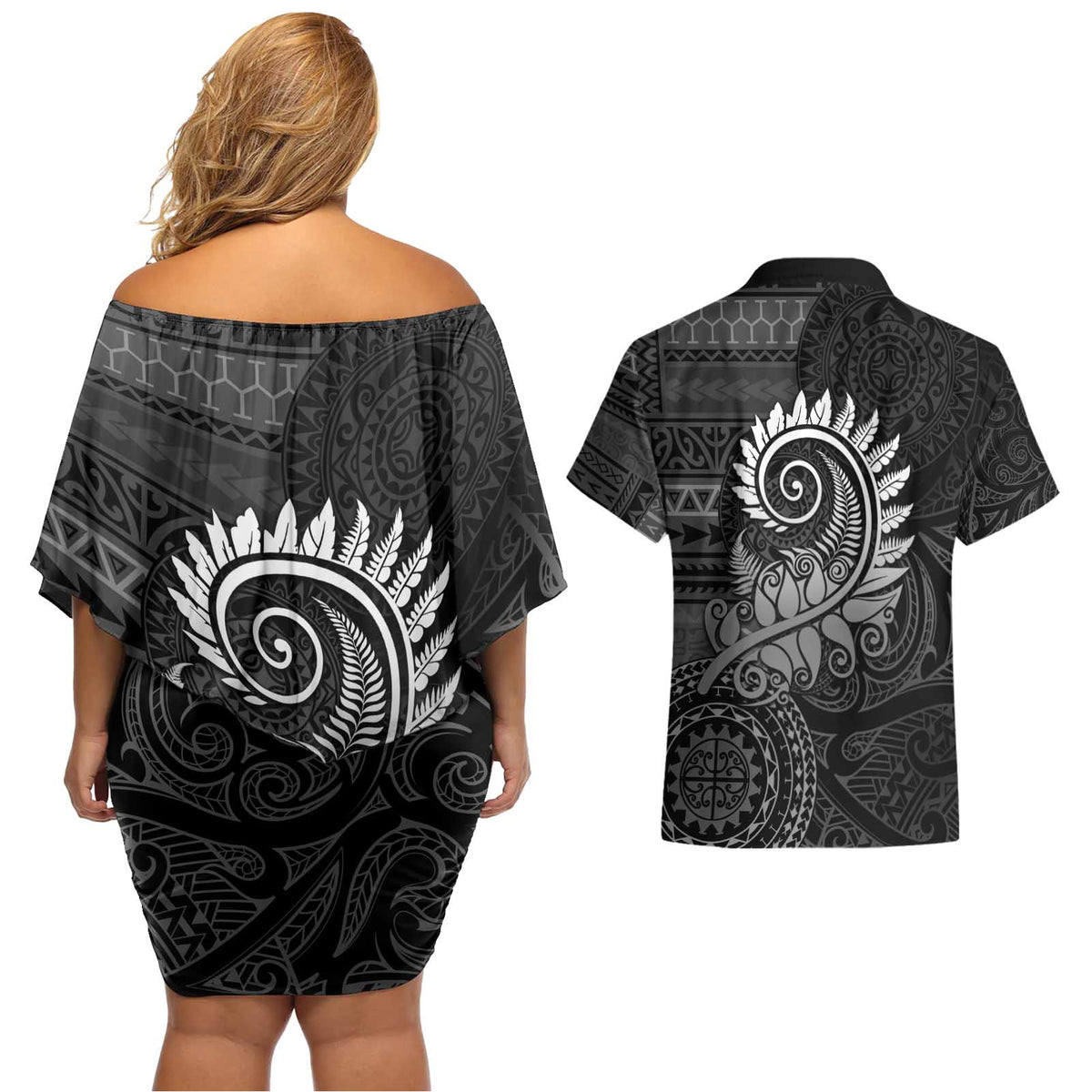 New Zealand Maori Koru Fern Couples Matching Off Shoulder Short Dress and Hawaiian Shirt Spiral Polynesian Style Gray LT05 - Polynesian Pride