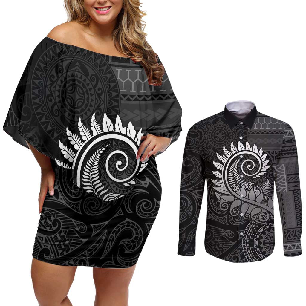 New Zealand Maori Koru Fern Couples Matching Off Shoulder Short Dress and Long Sleeve Button Shirt Spiral Polynesian Style Gray LT05 Gray - Polynesian Pride