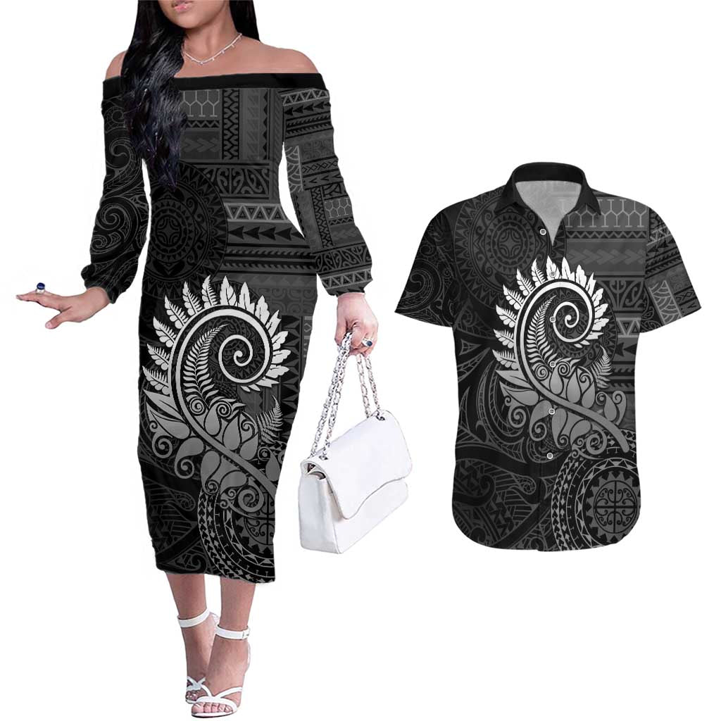 New Zealand Maori Koru Fern Couples Matching Off The Shoulder Long Sleeve Dress and Hawaiian Shirt Spiral Polynesian Style Gray LT05 Gray - Polynesian Pride
