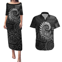 New Zealand Maori Koru Fern Couples Matching Puletasi and Hawaiian Shirt Spiral Polynesian Style Gray LT05 Gray - Polynesian Pride