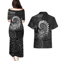 New Zealand Maori Koru Fern Couples Matching Puletasi and Hawaiian Shirt Spiral Polynesian Style Gray LT05 - Polynesian Pride